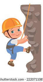 Happy Kid Climbing Rock Wall. Cartoon Boy