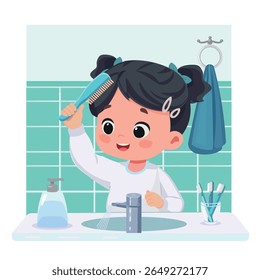 happy kid combing hair for daily personal care cartoon vector illustration
