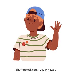 Happy kid concept. Boy in cap. Positivity and optimism. Friendship between schoolchildren. Graphic element for website. Cartoon flat vector illustration isolated on white background