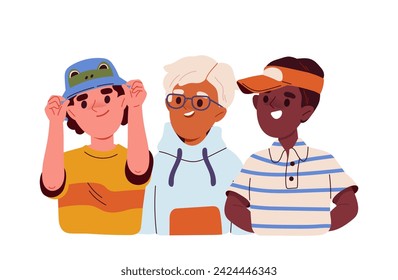 Happy kid concept. Boys in casual clothes. Positivity and optimism. Friendship between schoolchildren. Poster or banner. Cartoon flat vector illustration isolated on white background