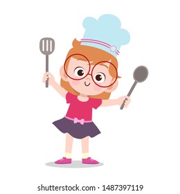 Happy Kid Cooking Chef Vector Illustration