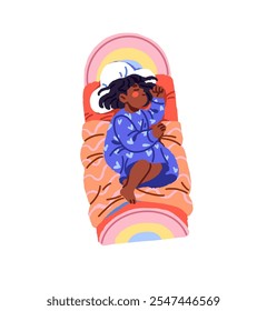 Happy kid in cute dress dreams in bed at night top view. Asleep girl in pajamas has a rest on pillow. Tired child sleeps, naps on blanket. Flat isolated vector illustration on white background