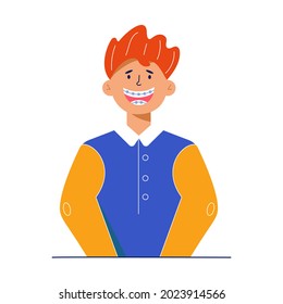 Happy kid with dental braces. Boy smiles and shows his teeth with braces. Teenager orthodontic treatment. Dental care. Vector cartoon illustration isolated on white background.  