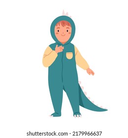 Happy kid in dino costume. Cute boy disguised in funny dragon wearing for holiday carnival. Little child character in party dinosaur clothes. Flat vector illustration isolated on white background