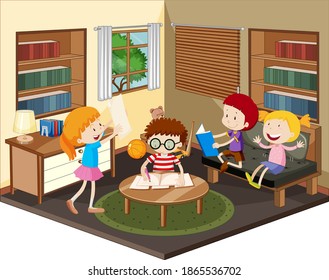 Happy kid doing homework in the living room illustration