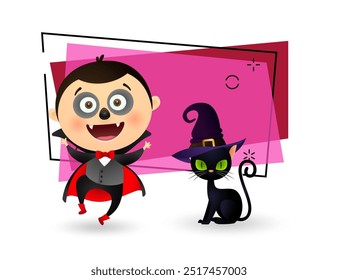 Criança feliz no traje de Drácula e gato preto em chapéu de bruxa em fundo brilhante. Design de convite ou banner. Conceito de Halloween. Ilustração vetorial para cartazes ou folhetos