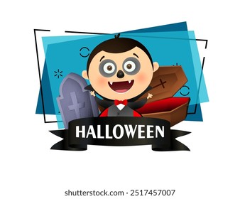 Happy kid in Dracula costume inviting to party. Halloween inscription on black ribbon, grave stone and coffin on background. Halloween celebration concept. Vector illustration for poster or banner