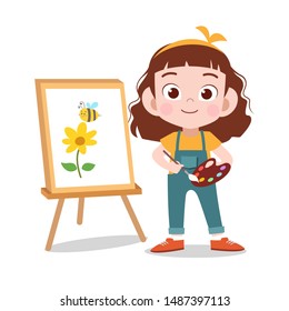 Happy Kid Draw Flower Painting Vector Stock Vector (Royalty Free ...