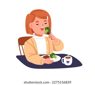 Happy kid eating healthy food. Cute little girl at lunch. Childs wholesome breakfast meal with broccoli vegetables and meat, tea cup at table. Flat vector illustration isolated on white background