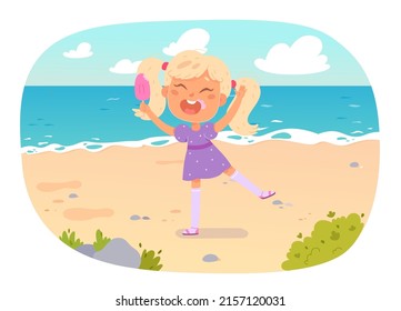 Happy kid eating ice cream on sea beach with funny sand castle vector illustration. Cartoon cute girl holding juice delicious sorbet to eat and enjoy sweet food snack seaside isolated on white