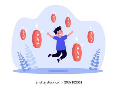 Happy kid enjoying falling money rain. Rich boy jumping with flying coins flat vector illustration. Investment, success, financial prize concept for banner, website design or landing web page