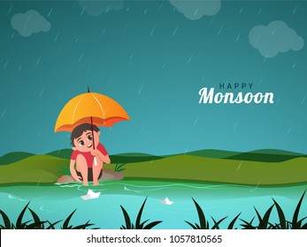 Happy Kid, enjoying rainy season, with paper boats. 