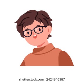 Happy kid in eyeglasses. Cute boy, short-sighted character. Smiling child in eyewear, spectacles, eye glasses. Bad eyesight, myopia. Flat graphic vector illustration isolated on white background