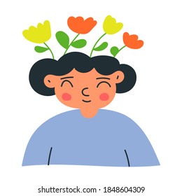 Happy kid with flowers in his head. Mental health. Illustration on white background.