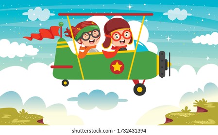 Happy Kid Flying In Airplane