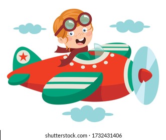 Happy Kid Flying In Airplane