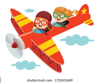 Happy Kid Flying In Airplane