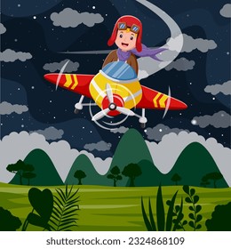 Happy Kid Flying In Airplane. Vector illustration