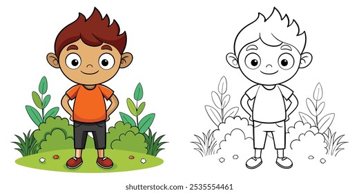 Happy Kid In Garden Cartoon Coloring Page For Kids