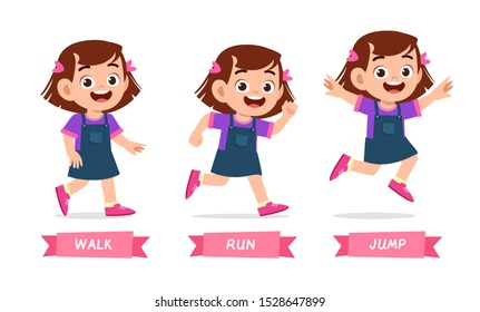 happy kid girl do wak run jump