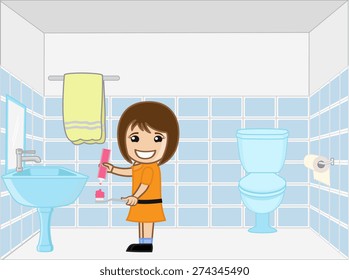 Happy Kid Girl Doing Brush in Bathroom