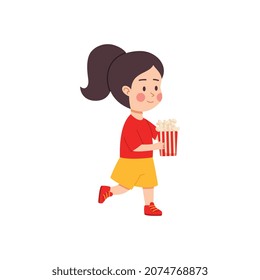 Happy kid girl eating popcorn from cardboard bucket, flat vector illustration isolated on white background. Child cartoon character holding popcorn in box.