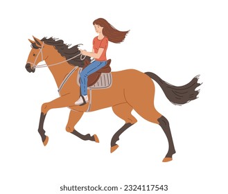 Happy kid girl galloping in saddle on horseback flat style, vector illustration isolated on white background. Sport and hobby, horse riding, decorative design element