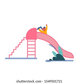 Happy Kid Girl Having Fun Sliding on Outdoor Playground. Child Smiling Playing on Slide, Childhood Active Games on Street. Summer Leisure Vacation Holidays Spare Time. Cartoon Flat Vector Illustration
