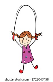 Happy kid, girl and jump rope, funny vector illustration