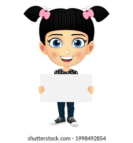 Happy kid girl mascot character standing with blank placard