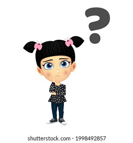 Happy kid girl mascot character standing and thinking with question mark symbol thinking concept