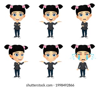 Happy kid girl mascot character standing and doing different action with different facial expressions isolated