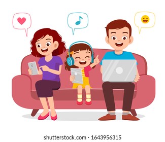 happy kid girl with parent holding smartphone