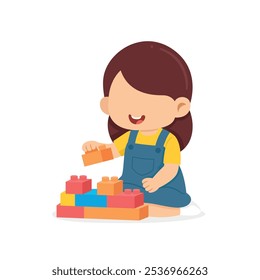 Happy kid girl playing a block toys. Smiling excited children cartoon character with toy. vector illustration
