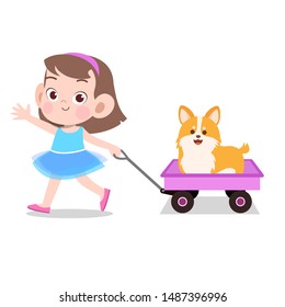 happy kid girl pulling wagon toys pet vector