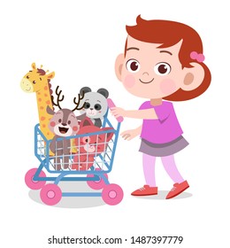 happy kid girl pulling wagon toys pet vector