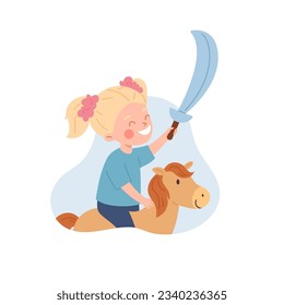 Happy kid girl with saber riding horse toy flat style, vector illustration isolated on white background. Decorative design element, joyful emotional kid playing with favorite toys, smiling character
