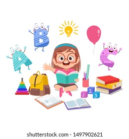 Happy kid girl studies and reads book, illustration