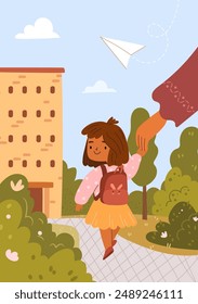 Happy kid is going to school for the first time. Child girl with bag holding parents hand go to elementary or primary school. Pupil go study with backpack, flat cartoon vector illustration