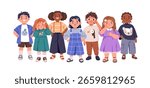 Happy kid group portrait. Diverse children, inclusive team. Little boys and girls standing together. Smiling preschoolers in glasses, with braces. Flat vector illustration isolated on white background