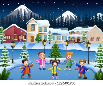 Happy kid group singing in the snowy village