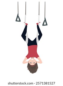 Happy kid hanging upside down in an aerial hammock. Fly yoga vector isolated illustration