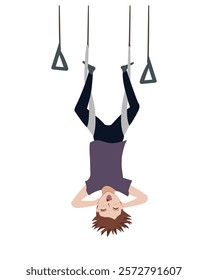 Happy kid hanging upside down in an aerial hammock. Boy exercises at antigravity yoga. Fly yoga vector isolated illustration