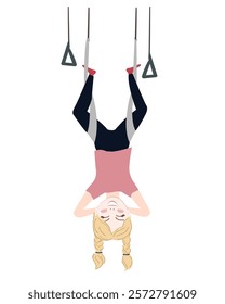 Happy kid hanging upside down in an aerial hammock. Girl exercises at antigravity yoga. Fly yoga vector isolated illustration