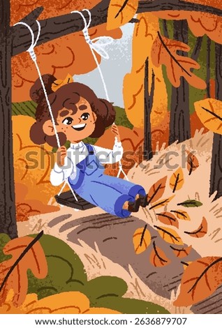 Happy kid has fun on swings in autumn forest. Cute little girl rides on hanged with rope plank. Joyful child in funny jumpsuit sits, play outdoors in fall. Flat hand drawn vector illustration