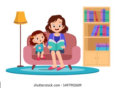 Happy kid hears story from mother, vector