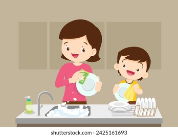 Happy kid helping family washing dishes at home. parent and child do household chores together. Little helper