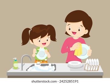 Happy kid helping family washing dishes at home. parent and child do household chores together. Little helper