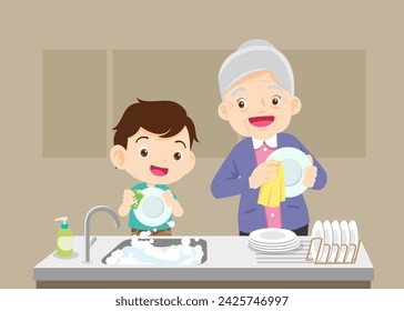 Happy kid helping family washing dishes at home. grandparent and child do household chores together. Little helper work