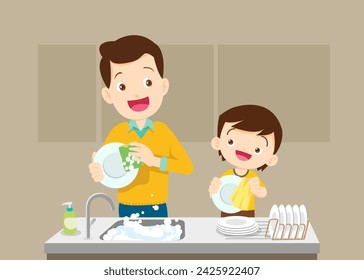 Happy kid helping family washing dishes at home. parent and child do household chores together. Little helper